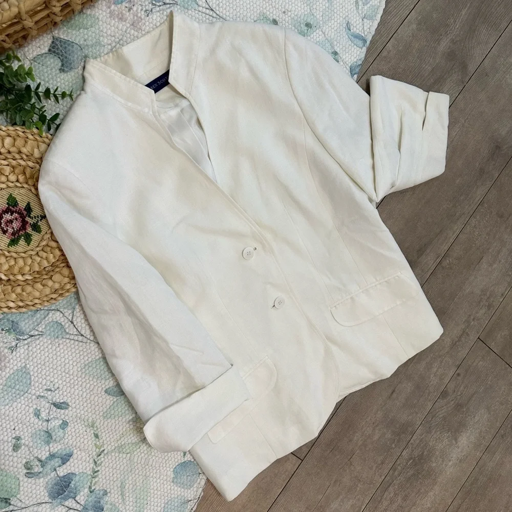Karen Scott Women’s Cream Blazer Linen Rayon Shoulder Pads Minimalist Size 12